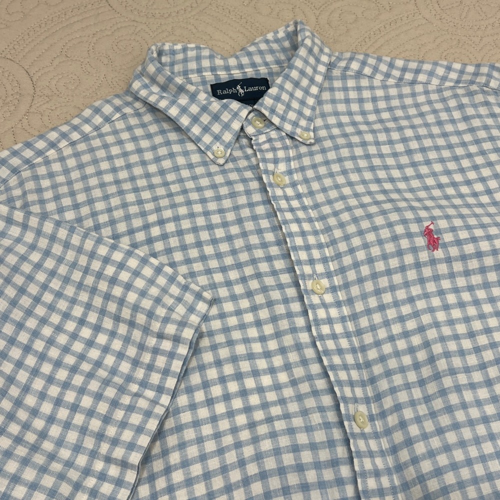 Ralph Lauren Kids XL 20 Light Blue Gingham 100% Linen Shirt Pink Pony